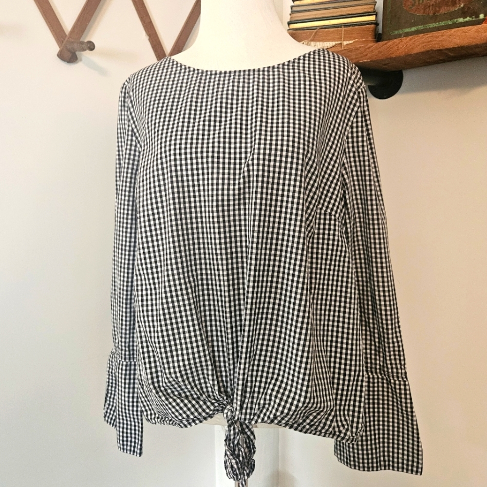 Max Jeans~Size‎ L~Cotton~Plaid blouse~Tie waist~Black & White~Cuff detail